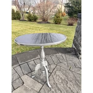 Cast Aluminum Oval Side Table Marble Quartz Top Silver Wine Lamp Accent 22”